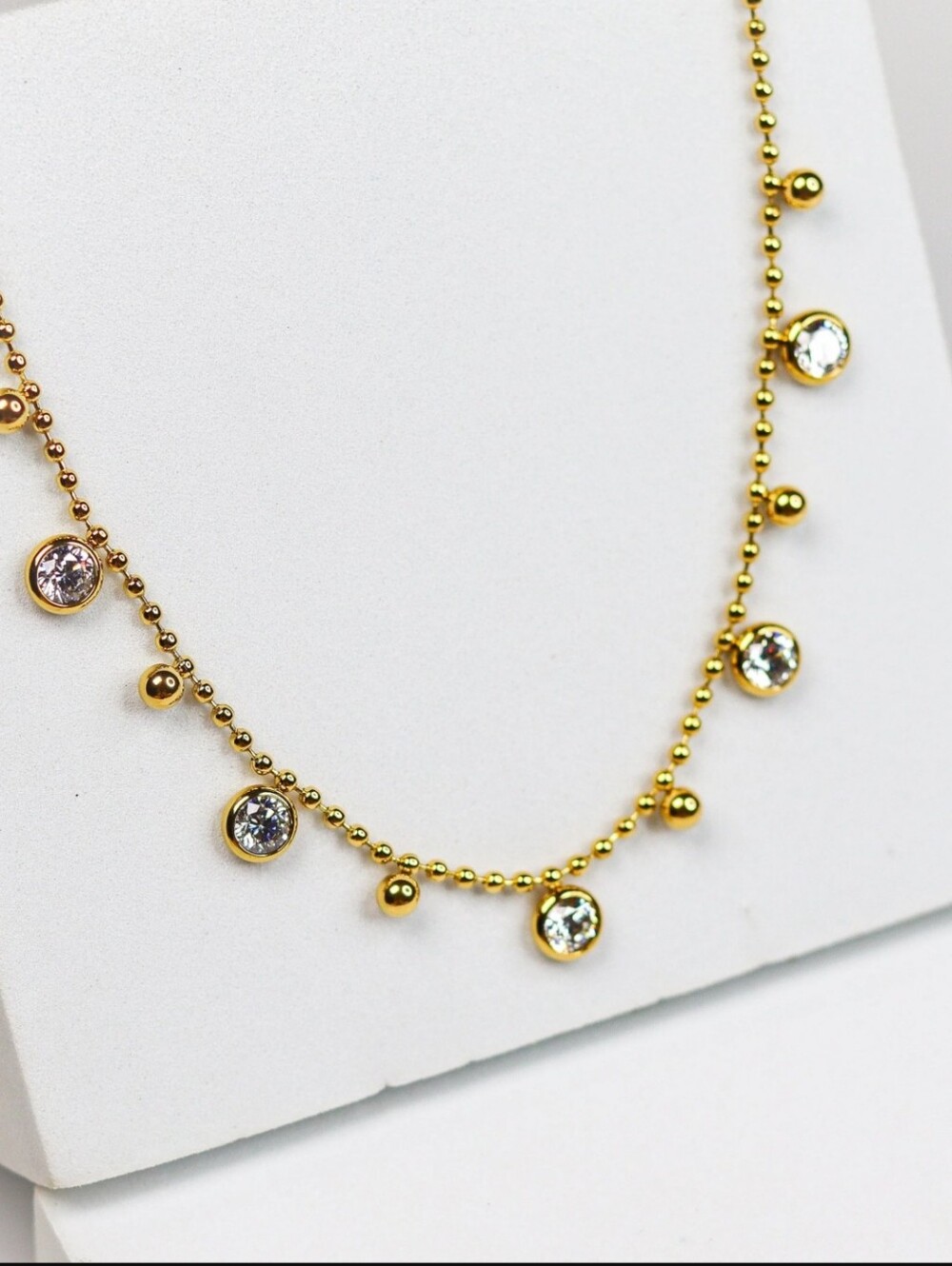 Gold Beaded Ball Chain Crystal Bezel Charm Drop Choker Necklace NWOT